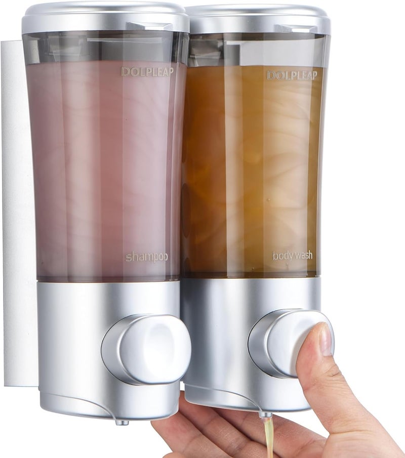 DOLPLEAP Shampoo Conditioner Body Wash Dispenser No Drill Shower Soap Dispenser Wall Mounted Shampoo Dispenser 2 Chamber with Upgrade Pump Head Bathroom Soap Dispenser 450ml/Each Sliver - Image 1